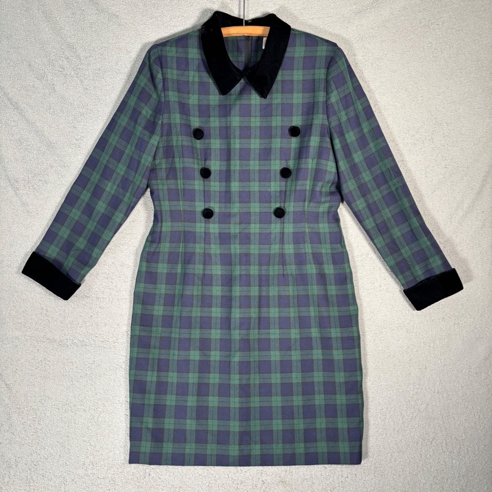 Vintage Maggy London Dress Size 12 Plaid Velvet Collar Double Breasted Heritage